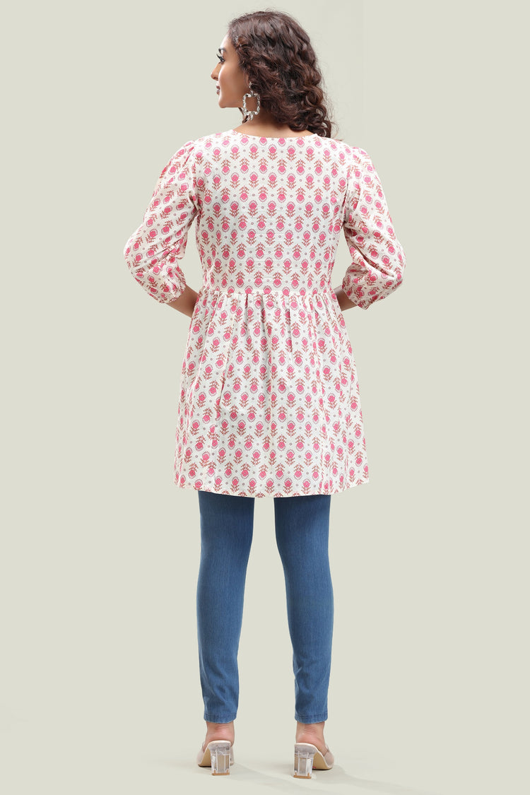 Off White Cotton Printed A Line Short Kurta