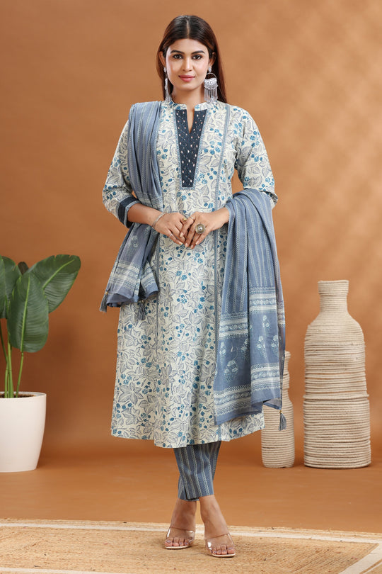 Sky Blue & Off White Jaipuri Cotton A Line Printed Kurta Pants and Dupatta Set for women and girl