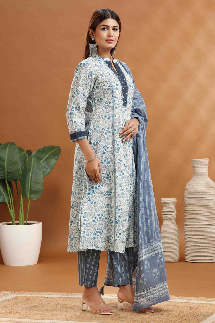 Sky Blue & Off White Jaipuri Cotton A Line Printed Kurta Pants and Dupatta Set for women and girl