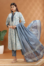 Sky Blue & Off White Jaipuri Cotton A Line Printed Kurta Pants and Dupatta Set for women / girl