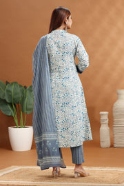 Sky Blue & Off White Jaipuri Cotton A Line Printed Kurta Pants and Dupatta Set for women / girl
