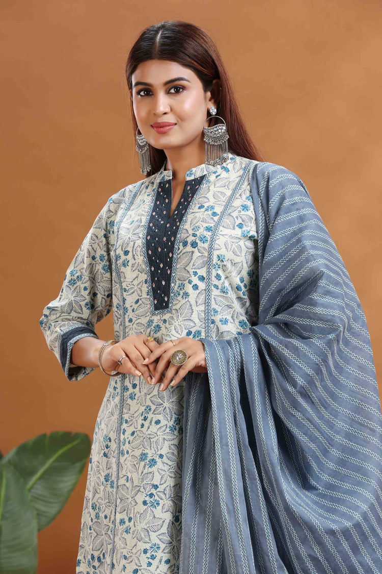 Sky Blue & Off White Jaipuri Cotton A Line Printed Kurta Pants and Dupatta Set for women / girl
