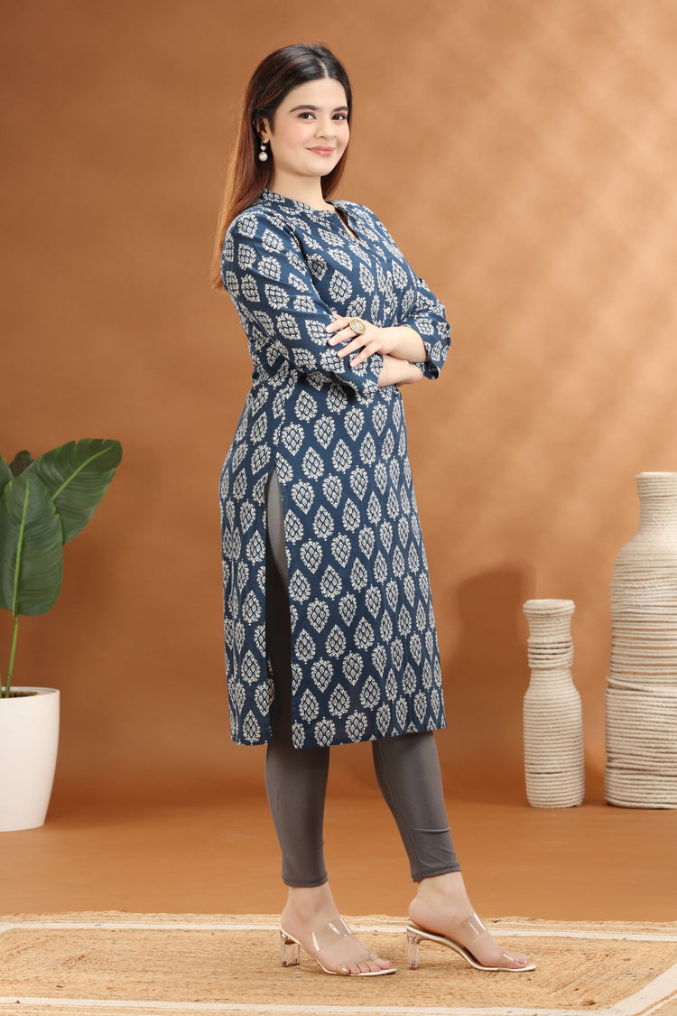 Royal Blue Jaipuri Cotton Straight Printed Kurta