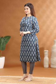 Royal Blue Jaipuri Cotton Straight Printed Kurta
