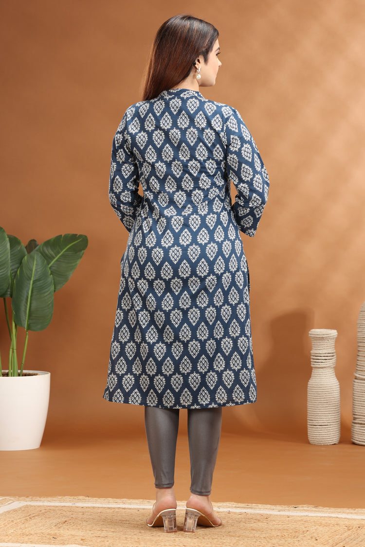 Royal Blue Jaipuri Cotton Straight Printed Kurta