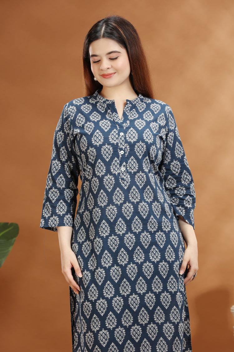 Royal Blue Jaipuri Cotton Straight Printed Kurta