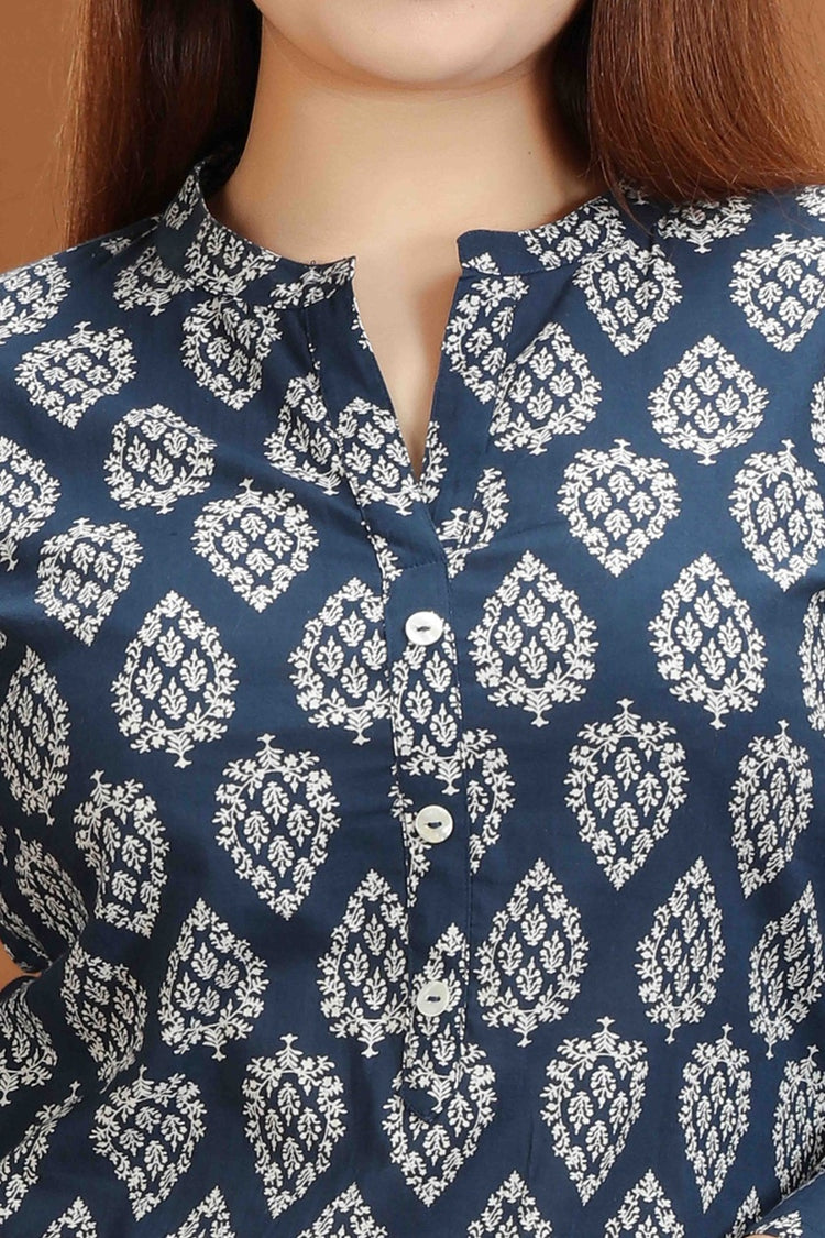 Royal Blue Jaipuri Cotton Straight Printed Kurta