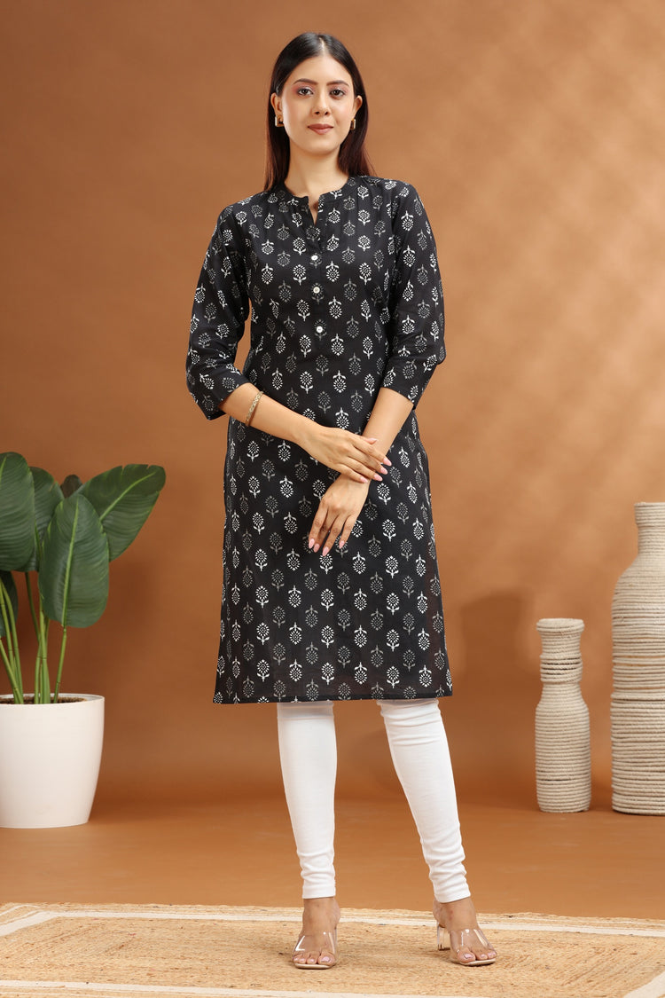Black Jaipuri Cotton Straight Printed Kurta