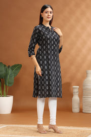 Black Jaipuri Cotton Straight Printed Kurta