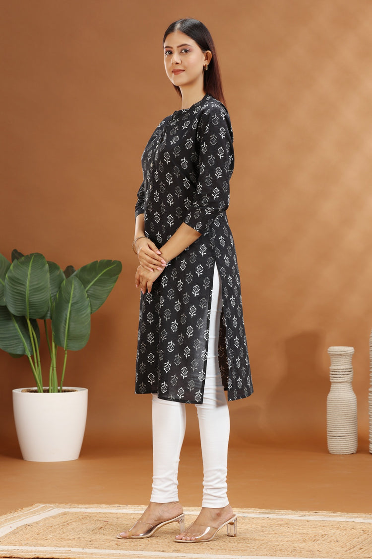 Black Jaipuri Cotton Straight Printed Kurta
