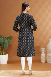 Black Jaipuri Cotton Straight Printed Kurta