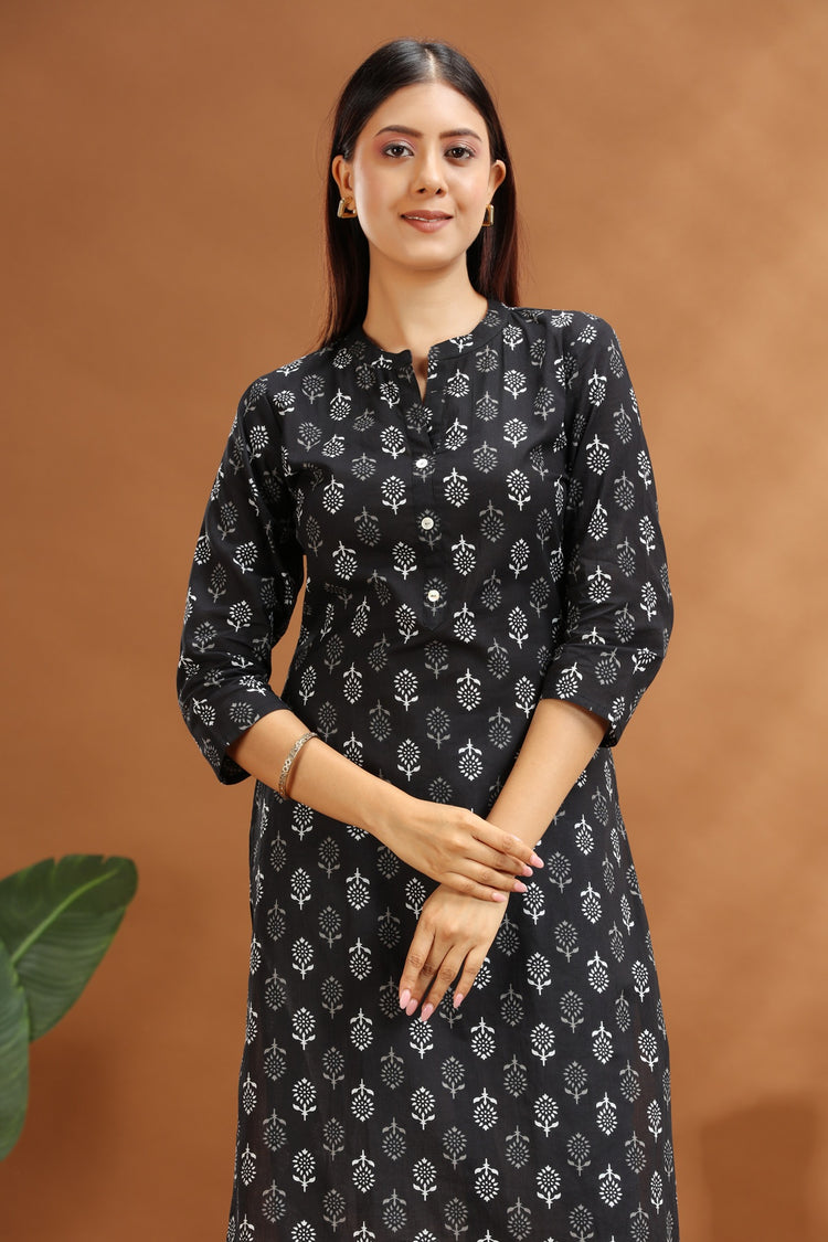 Black Jaipuri Cotton Straight Printed Kurta