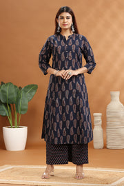 Navy Blue Cotton Printed A Line Kurta and Pant Set