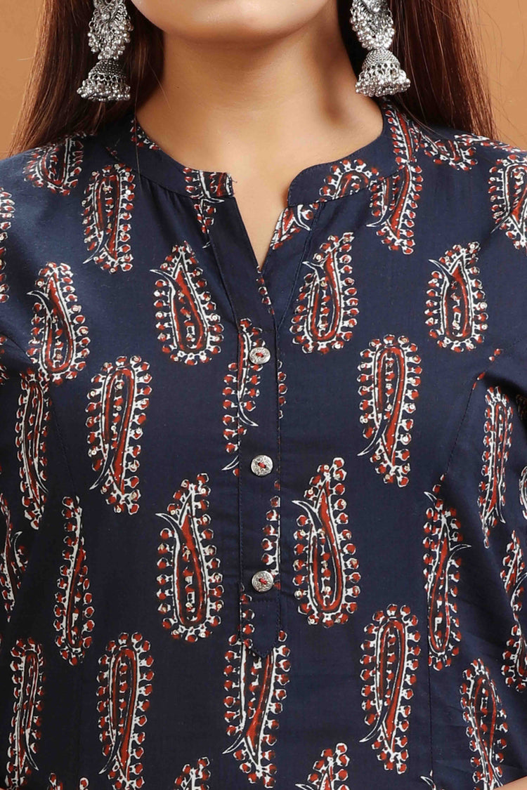 Navy Blue Cotton Printed A Line Kurta and Pant Set
