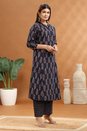Navy Blue Cotton Printed A Line Kurta and Pant Set