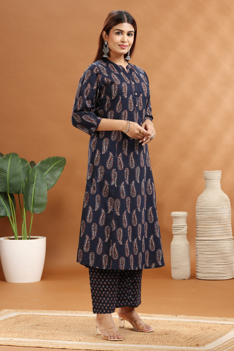 Navy Blue Cotton Printed A Line Kurta and Pant Set