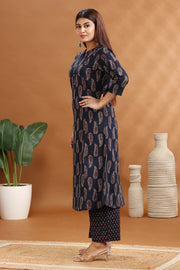 Navy Blue Cotton Printed A Line Kurta and Pant Set