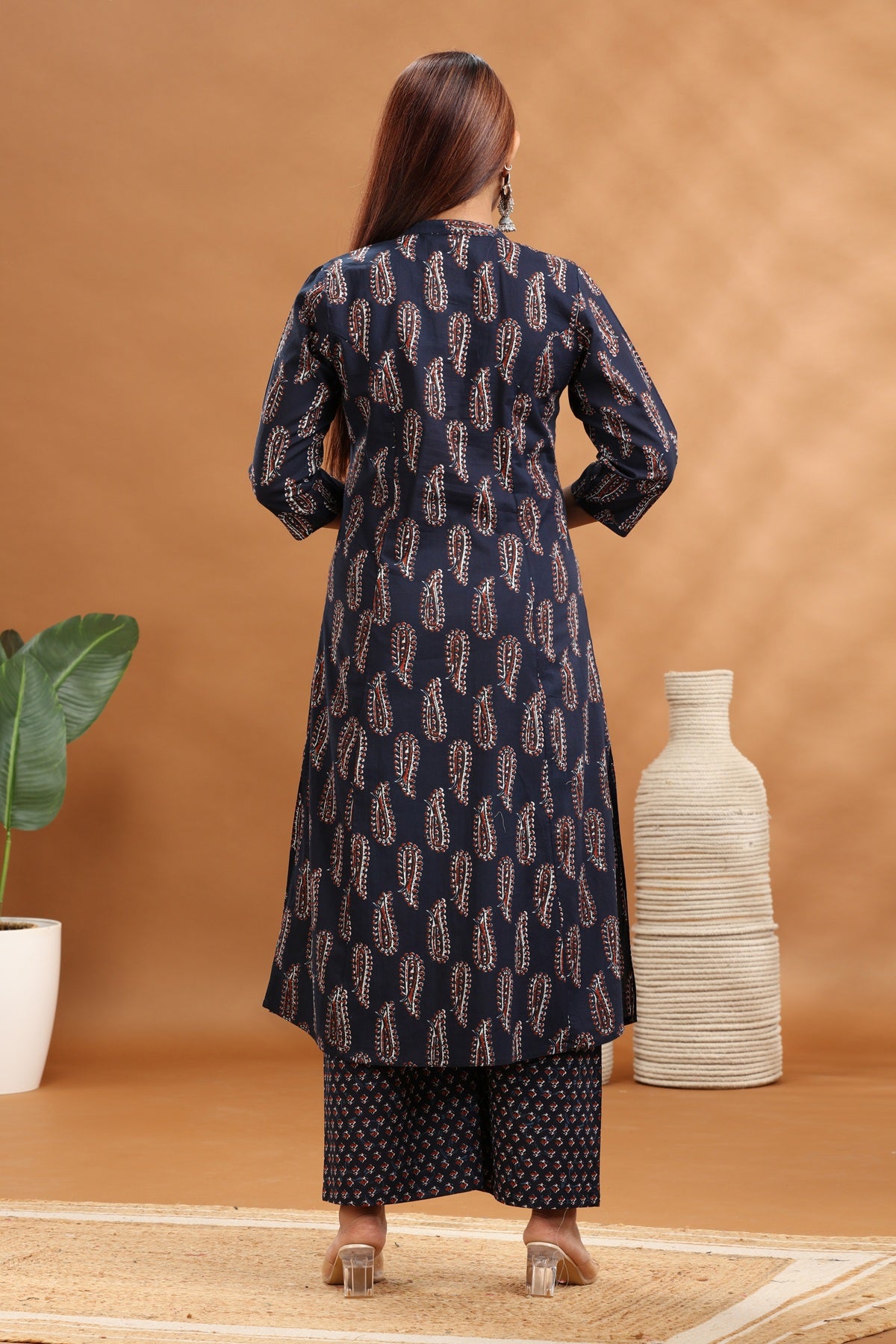 Navy Blue Cotton Printed A Line Kurta and Pant Set