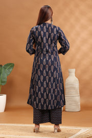 Navy Blue Cotton Printed A Line Kurta and Pant Set