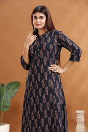 Navy Blue Cotton Printed A Line Kurta and Pant Set