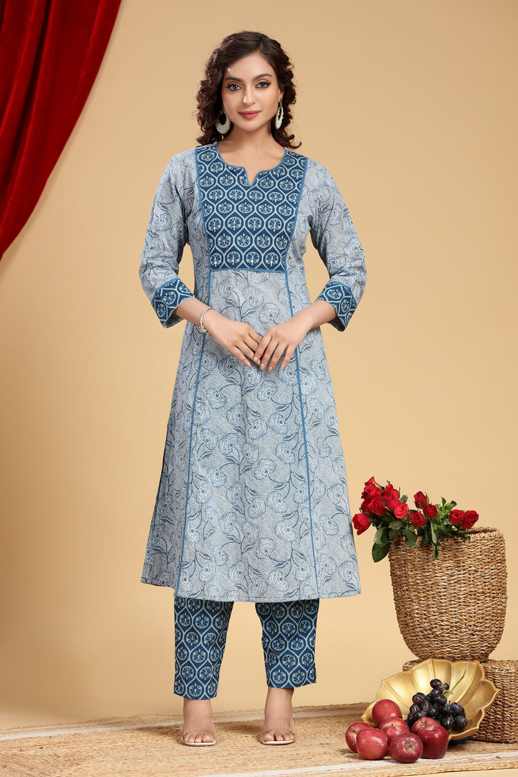 Indigo Jaipuri Cotton Printed  Line Kurta and Pant Set