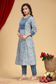 Indigo Jaipuri Cotton Printed  Line Kurta and Pant Set