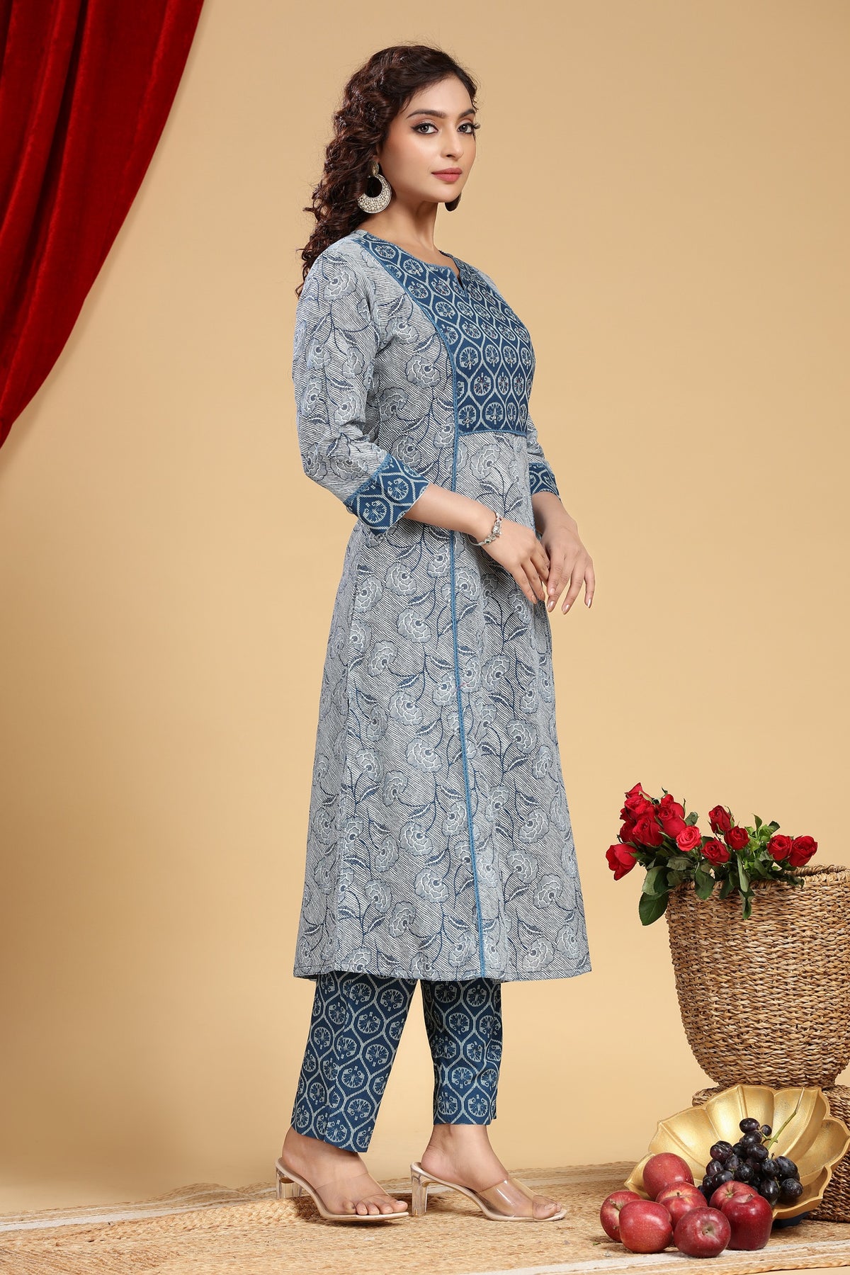 Indigo Jaipuri Cotton Printed  Line Kurta and Pant Set