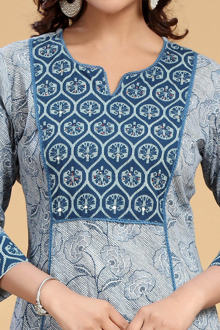 Indigo Jaipuri Cotton Printed  Line Kurta and Pant Set