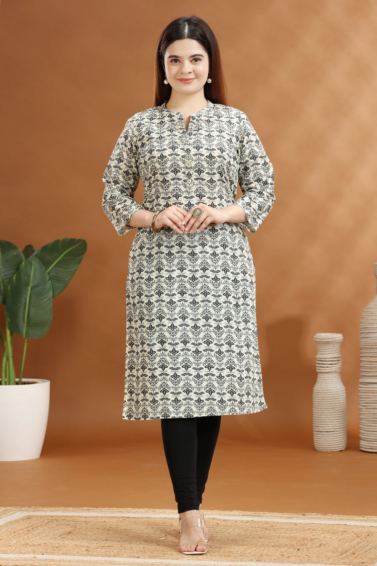 Cream & Gray Jaipuri Cotton Straight Printed Kurta