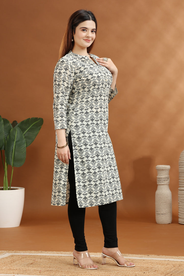 Cream & Gray Jaipuri Cotton Straight Printed Kurta
