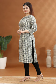 Cream & Gray Jaipuri Cotton Straight Printed Kurta