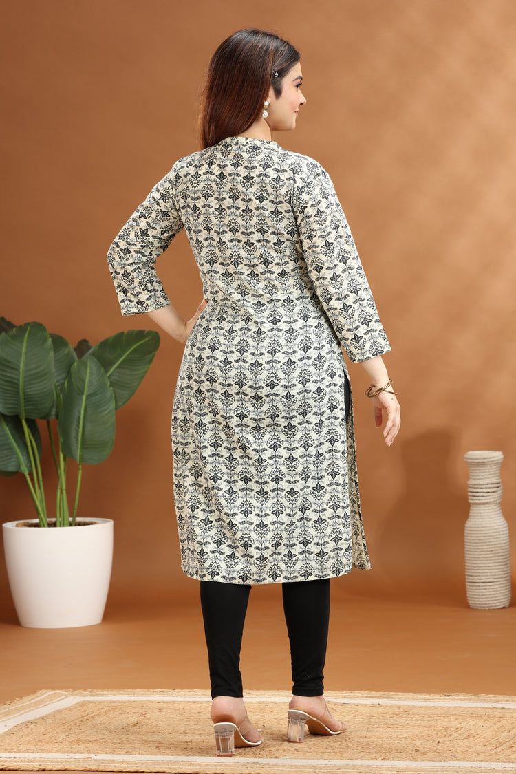 Cream & Gray Jaipuri Cotton Straight Printed Kurta