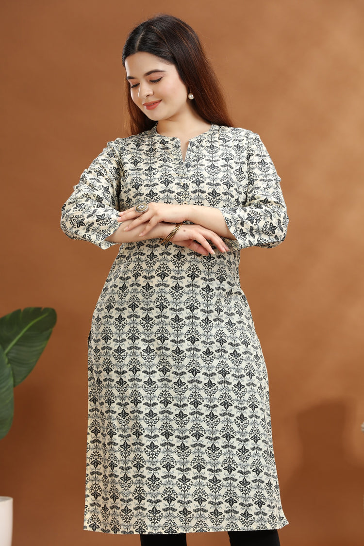 Cream & Gray Jaipuri Cotton Straight Printed Kurta