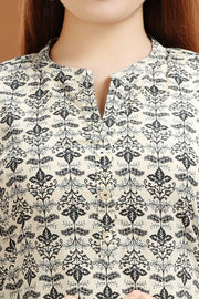 Cream & Gray Jaipuri Cotton Straight Printed Kurta