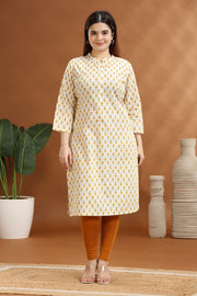 Cream Jaipuri Cotton Straight Printed Kurta