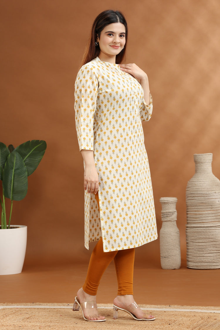 Cream Jaipuri Cotton Straight Printed Kurta