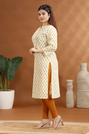 Cream Jaipuri Cotton Straight Printed Kurta