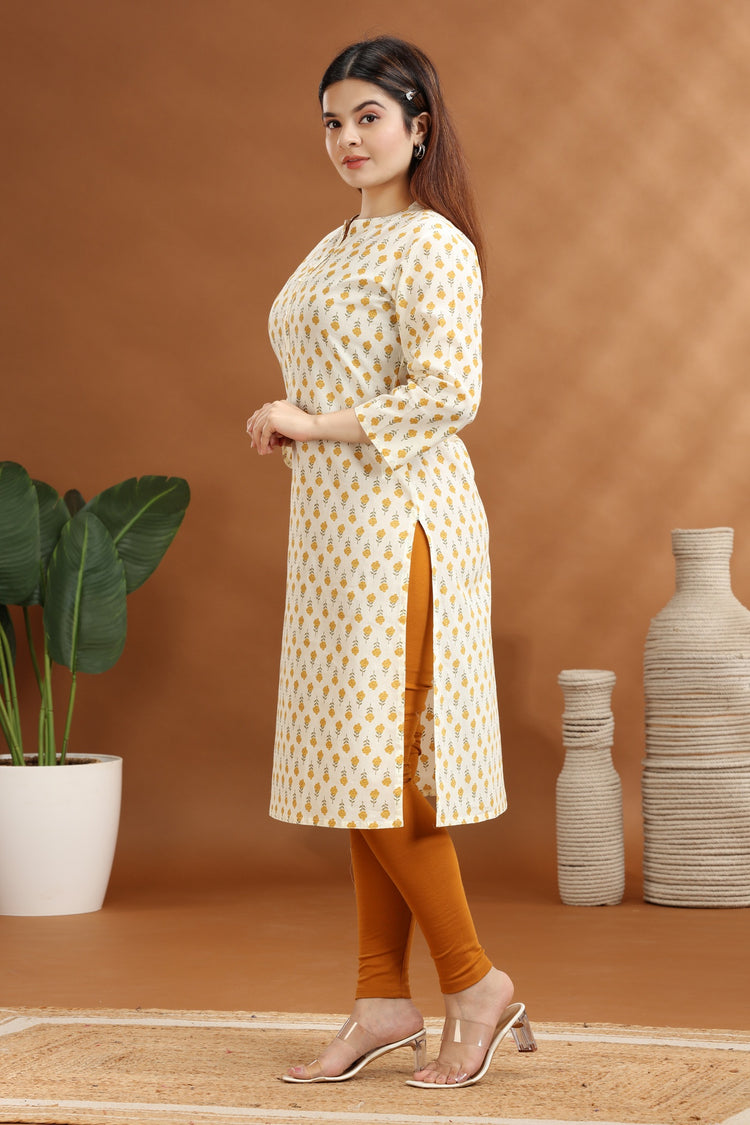 Cream Jaipuri Cotton Straight Printed Kurta