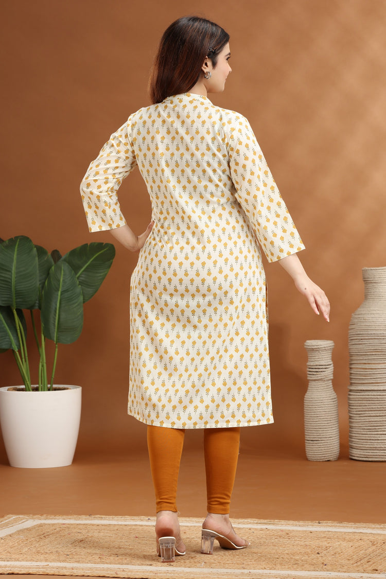 Cream Jaipuri Cotton Straight Printed Kurta