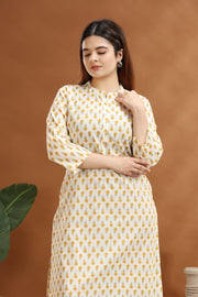 Cream Jaipuri Cotton Straight Printed Kurta