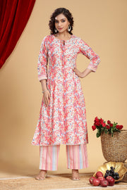 Off White & Pink Jaipuri Cotton Printed A Line Kurta and Pant Set