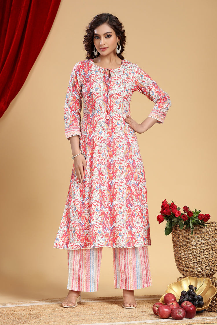 Off White & Pink Jaipuri Cotton Printed A Line Kurta and Pant Set