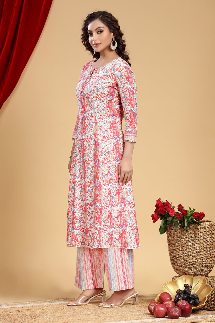 Off White & Pink Jaipuri Cotton Printed A Line Kurta and Pant Set