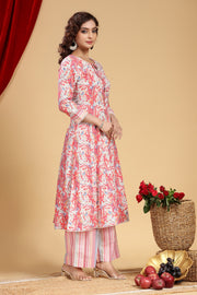 Off White & Pink Jaipuri Cotton Printed A Line Kurta and Pant Set