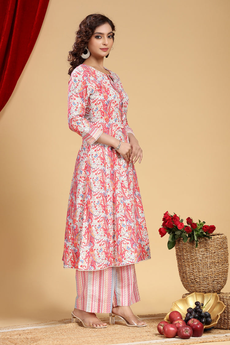 Off White & Pink Jaipuri Cotton Printed A Line Kurta and Pant Set