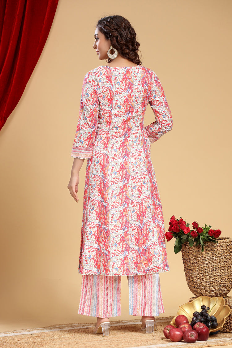 Off White & Pink Jaipuri Cotton Printed A Line Kurta and Pant Set