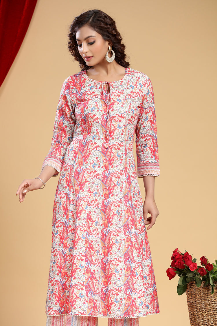 Off White & Pink Jaipuri Cotton Printed A Line Kurta and Pant Set