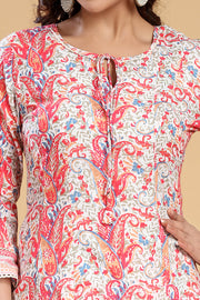 Off White & Pink Jaipuri Cotton Printed A Line Kurta and Pant Set