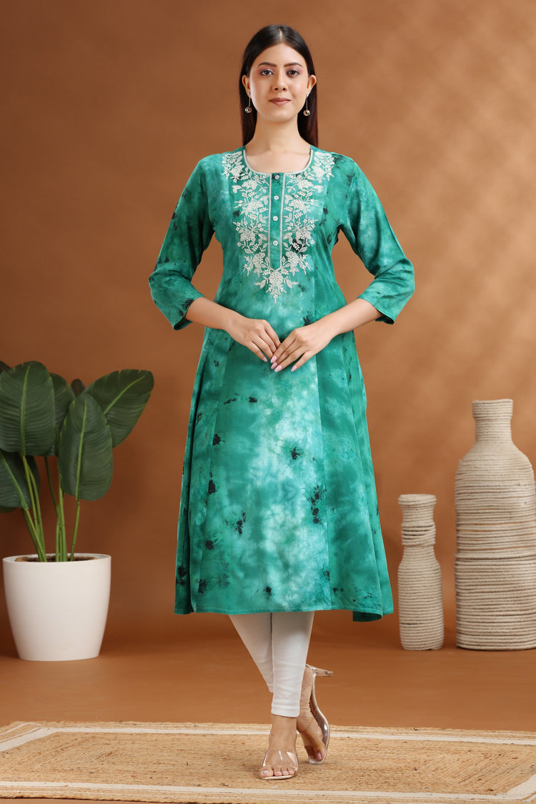 Green Rayon A Line Embroidered Kurta