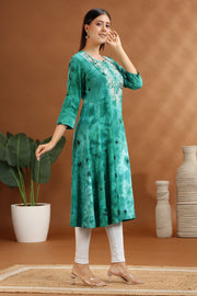 Green Rayon A Line Embroidered Kurta